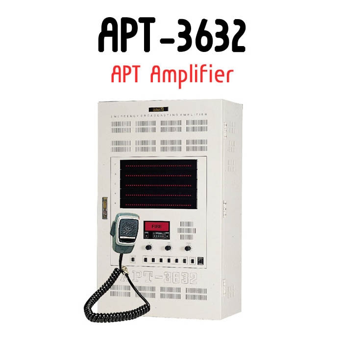 APT-3632/챠임 기능이 내장되어 있으며  비상방송에는 화재를 알리는 경보음으로 싸이렌이 방송 중앙 통제 관리실에서 전체 건물을 통제할 수 있는 REMOTE 기능이 내장되어 동시에 일반 전체 방송 가능